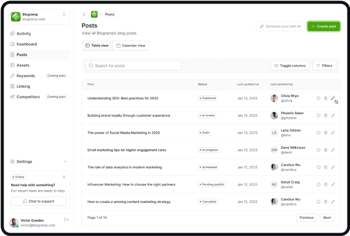 Image of Blogramp's posts page inside dashboard.